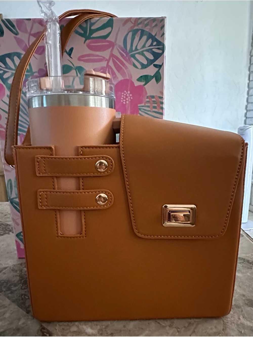 Tan Leatherette Women’s Tote with Front Flap